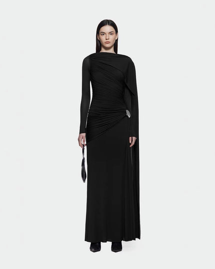 Niche Solid Color Pleating Asymmetric Simple Slim Dress