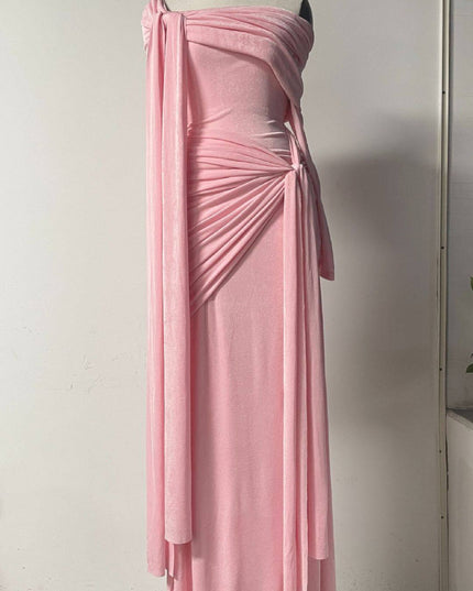 Rare Flowy Yellow Spliced Off-shoulder Dress With Irregular Pleats And Draped Shoulder Detailing