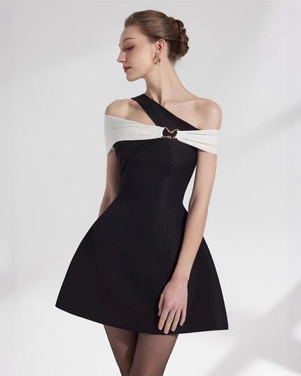 Summer Hepburn-Style Color-Block Off-Shoulder Sexy Dress