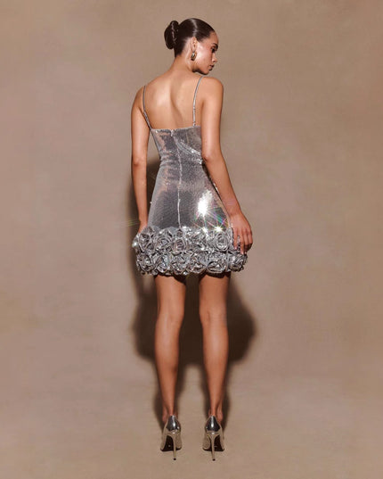 Silver Spaghetti-strap Sequin Bodycon Mini Dress With Floral Embellishments At The Hem