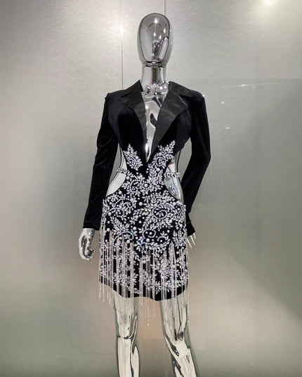 Luxury Rhinestone Tassel Sexy Cutout Suit Dress