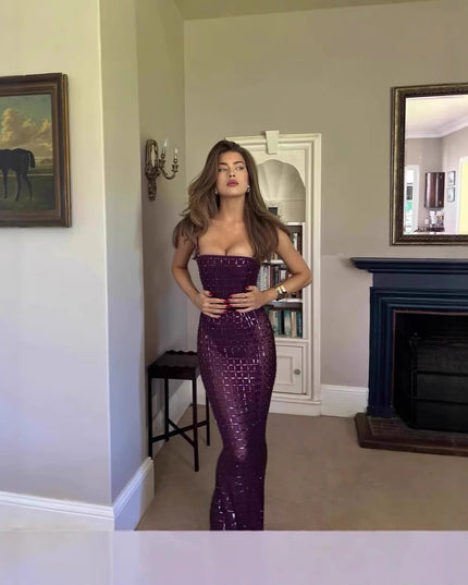 Nude-colored Shimmering Rhinestone Backless Slip Dress