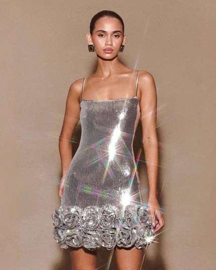Silver Spaghetti-strap Sequin Bodycon Mini Dress With Floral Embellishments At The Hem
