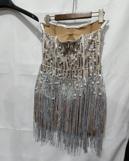 Solid-color Pearl- And Diamond-encrusted Tube Mini Dress With A Bandage-style Design