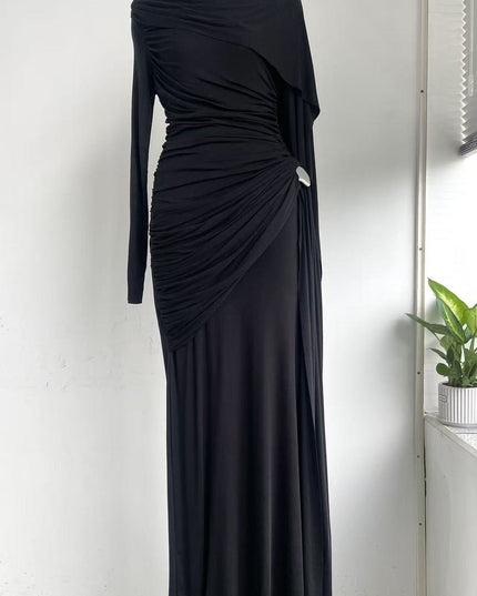 Niche Solid Color Pleating Asymmetric Simple Slim Dress