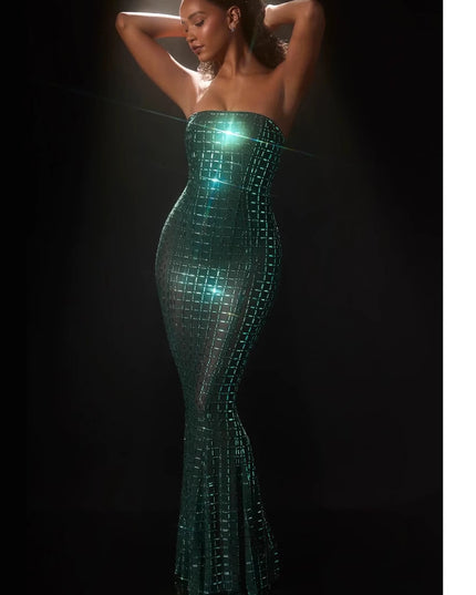 Nude-colored Shimmering Rhinestone Backless Slip Dress