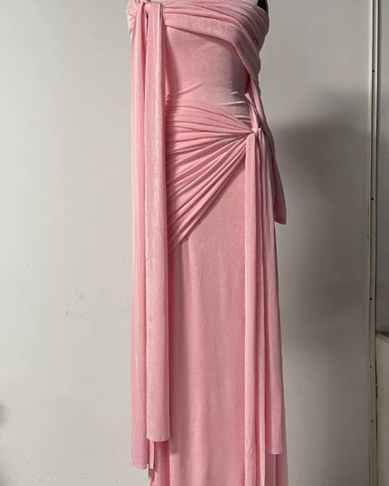 Rare Flowy Yellow Spliced Off-shoulder Dress With Irregular Pleats And Draped Shoulder Detailing