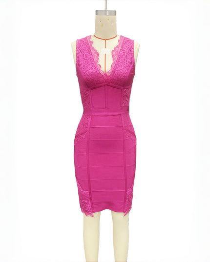 Deep-V Lace-Trimmed Solid-Color Patchwork Sexy Bandage Dress