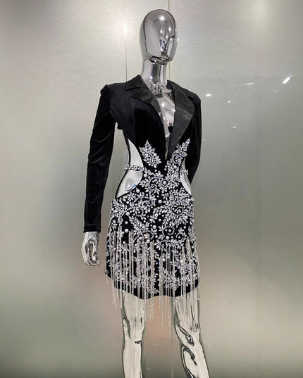 Luxury Rhinestone Tassel Sexy Cutout Suit Dress