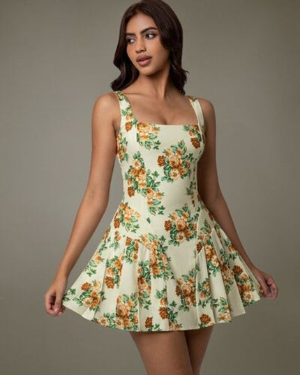 Floral Sleeveless Mini Pleated Dress
