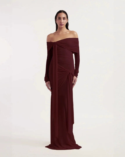 Rare Flowy Yellow Spliced Off-shoulder Dress With Irregular Pleats And Draped Shoulder Detailing