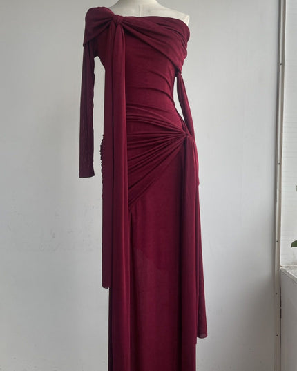 Rare Flowy Yellow Spliced Off-shoulder Dress With Irregular Pleats And Draped Shoulder Detailing