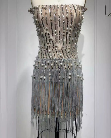 Solid-color Pearl- And Diamond-encrusted Tube Mini Dress With A Bandage-style Design
