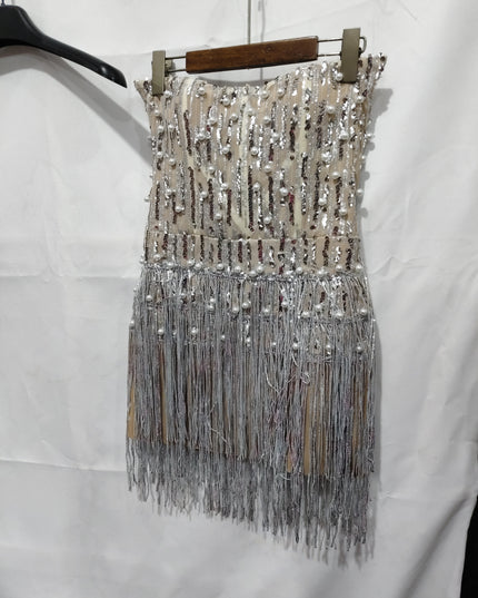 Solid-color Pearl- And Diamond-encrusted Tube Mini Dress With A Bandage-style Design