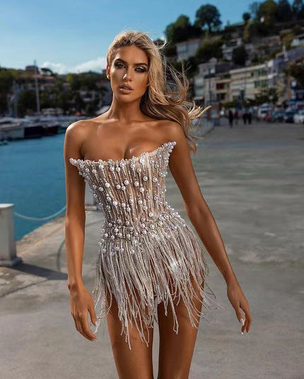 Solid-color Pearl- And Diamond-encrusted Tube Mini Dress With A Bandage-style Design