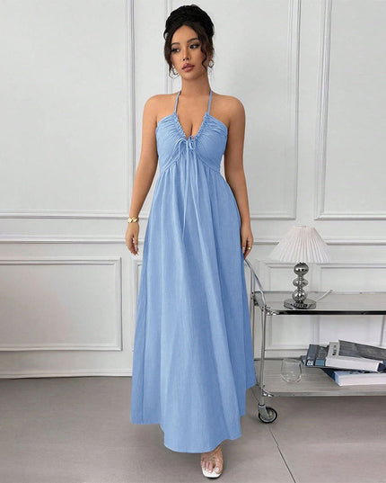Summer Blue Halter Backless Dress Lace up Waist Slimming Seaside