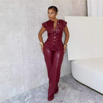 New Women's Trousers Sleeveless Leather Bodysuit