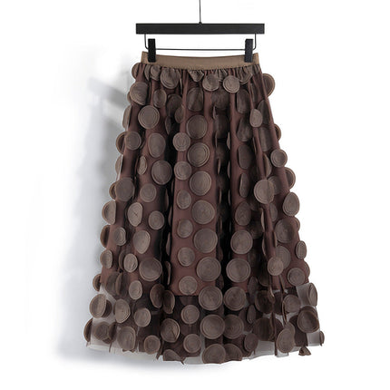 Three Dimensional Patch Stitching Mesh Women Midi Skirt
