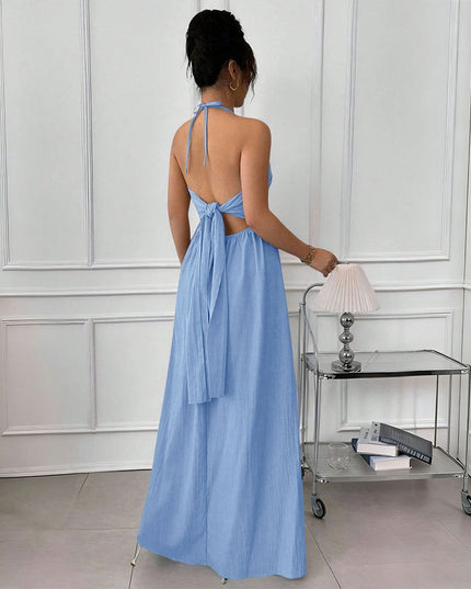 Summer Blue Halter Backless Dress Lace up Waist Slimming Seaside