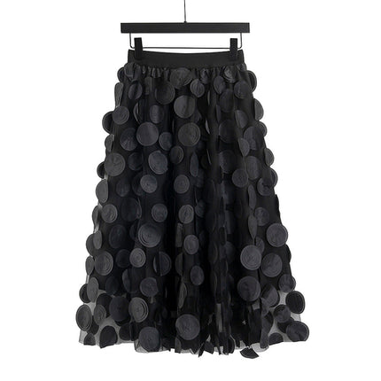 Three Dimensional Patch Stitching Mesh Women Midi Skirt