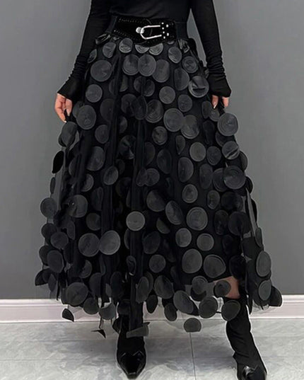 Three Dimensional Patch Stitching Mesh Women Midi Skirt