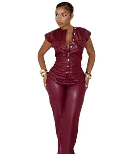 New Women's Trousers Sleeveless Leather Bodysuit