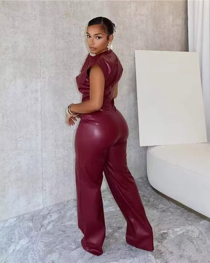 New Women's Trousers Sleeveless Leather Bodysuit