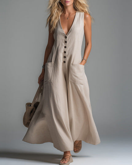 Spring Summer Patch Pocket Deep V Plunge neck Solid Color Casual Dress