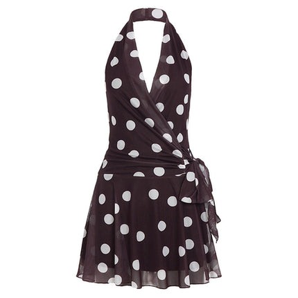 Retro Polka Dot Deep V Plunge neck Mesh Camisole Dress Vacation Lace