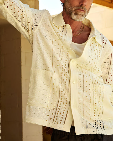Solid Color Hollowed Fashion Men's DressShirt