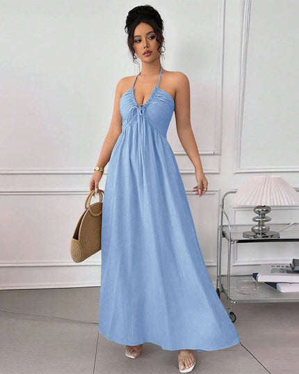 Summer Blue Halter Backless Dress Lace up Waist Slimming Seaside