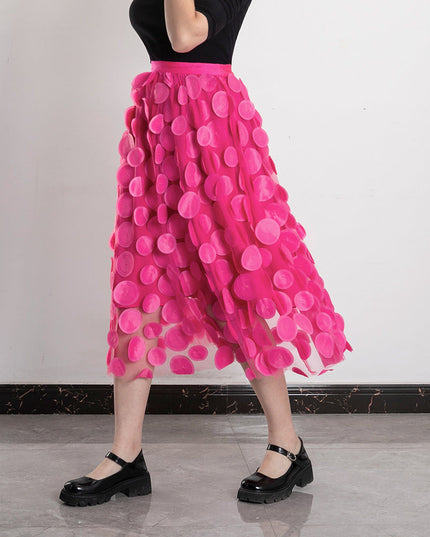 Three Dimensional Patch Stitching Mesh Women Midi Skirt