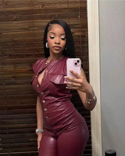 New Women's Trousers Sleeveless Leather Bodysuit