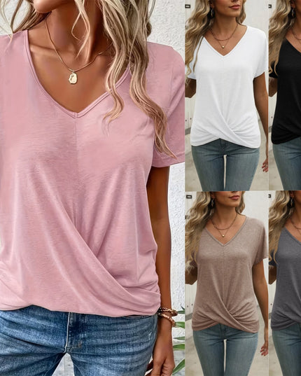 Women's Elegant Solid-Color V-Neck Short-Sleeve T-Shirt