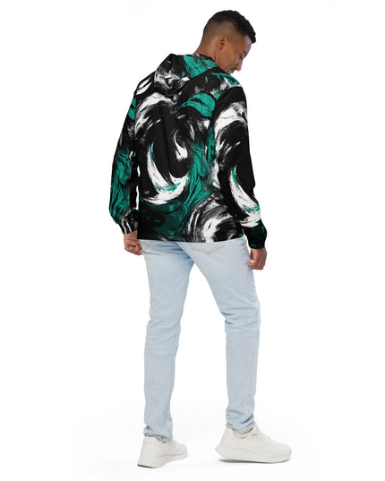 Mens Hooded Windbreaker Jacket - Black Green White Abstract Pattern