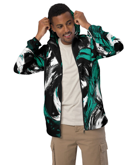 Mens Hooded Windbreaker Jacket - Black Green White Abstract Pattern