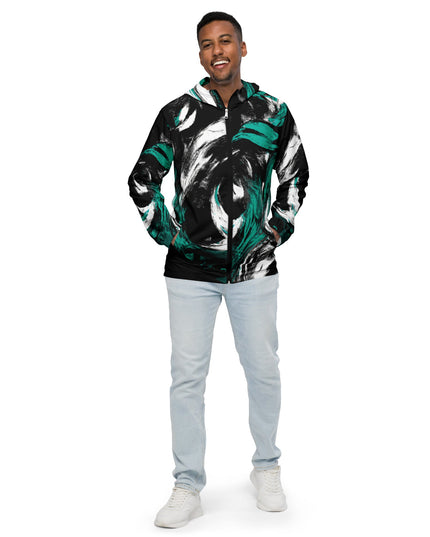 Mens Hooded Windbreaker Jacket - Black Green White Abstract Pattern