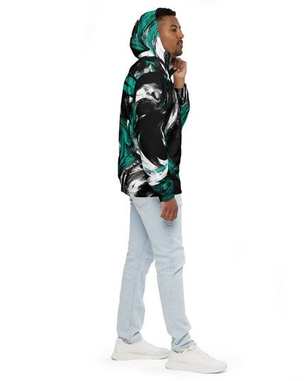 Mens Hooded Windbreaker Jacket - Black Green White Abstract Pattern