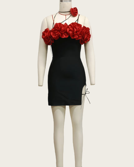 Womens Rose Leather Cord Lace-Up High-End Satin Floral Tube Dress