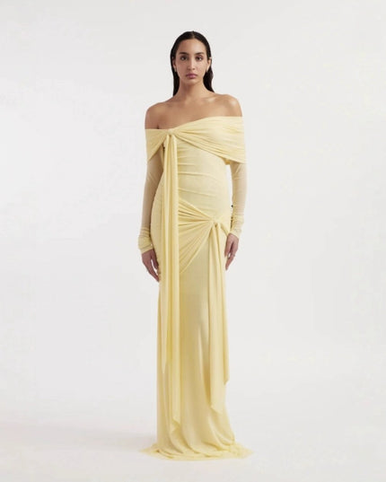 Rare Flowy Yellow Spliced Off-shoulder Dress With Irregular Pleats And Draped Shoulder Detailing