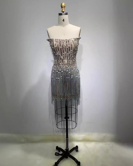 Solid-color Pearl- And Diamond-encrusted Tube Mini Dress With A Bandage-style Design