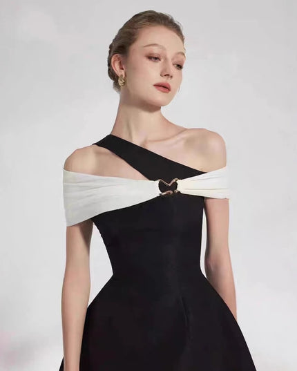 Summer Hepburn-Style Color-Block Off-Shoulder Sexy Dress