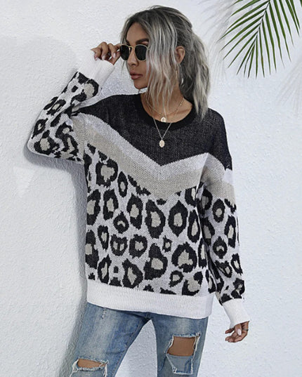 Womens Leopard Print Round Neck Sweater