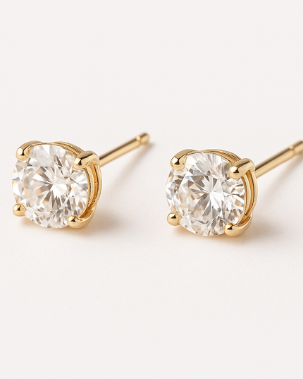 Round zirconia earrings, gold-colored brass, cadmium and lead free