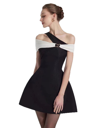 Summer Hepburn-Style Color-Block Off-Shoulder Sexy Dress