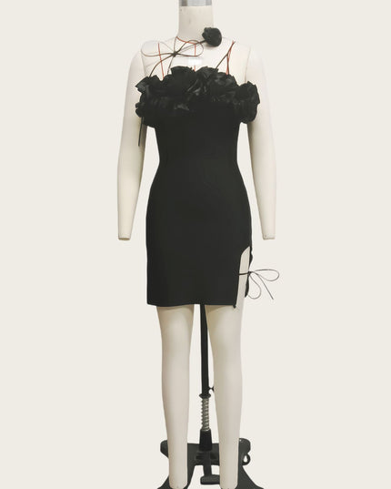Womens Rose Leather Cord Lace-Up High-End Satin Floral Tube Dress