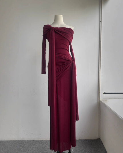 Rare Flowy Yellow Spliced Off-shoulder Dress With Irregular Pleats And Draped Shoulder Detailing