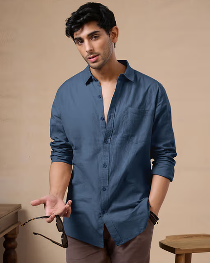 Full Sleeve Solid Cotton Blend Shirt For Men (Size-M) (Color-Blue)