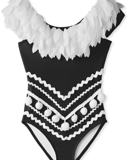 Black Draped Swimsuit with Petals & Pom Poms